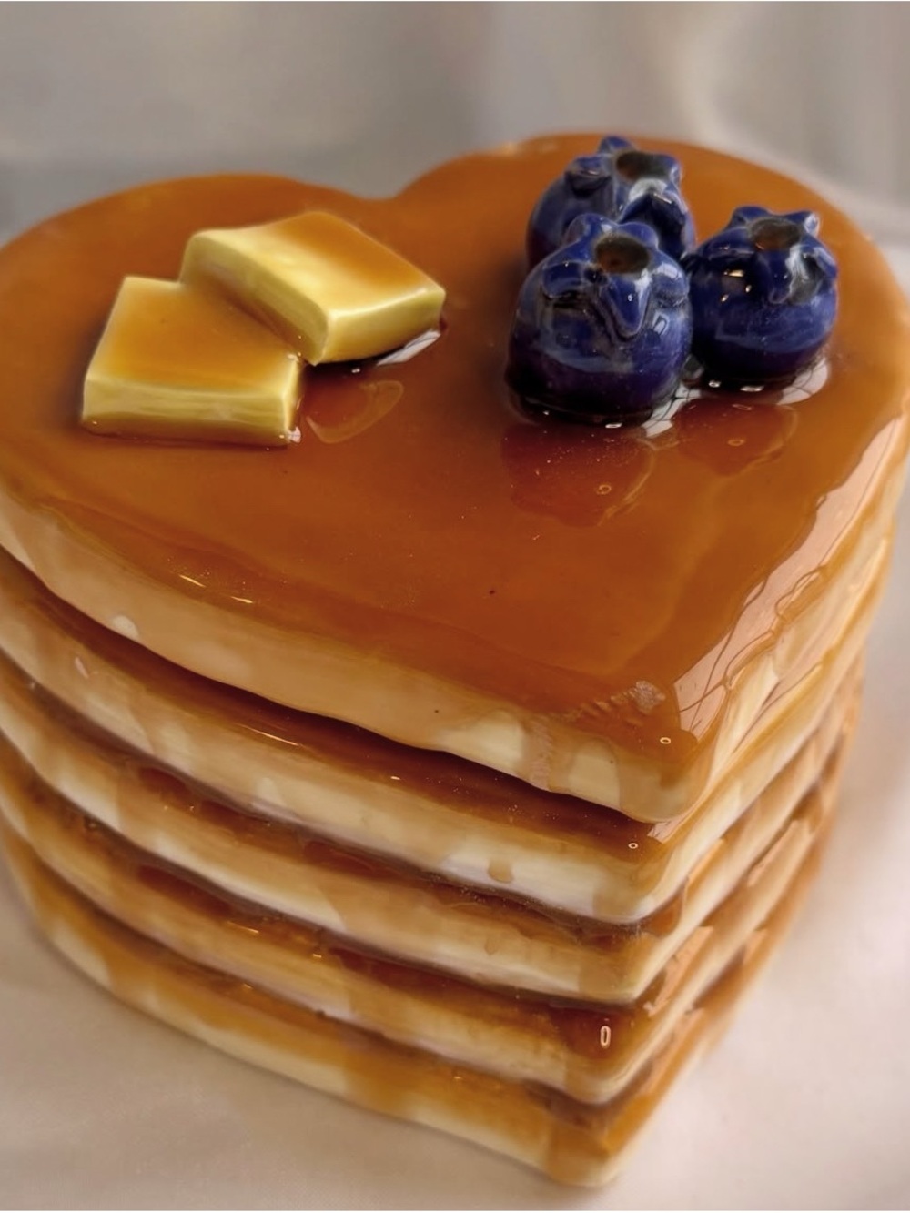 Ceramic Heart Stack Pancake Trinket Box - Syrup , Butter & Blueberry Accent RARE